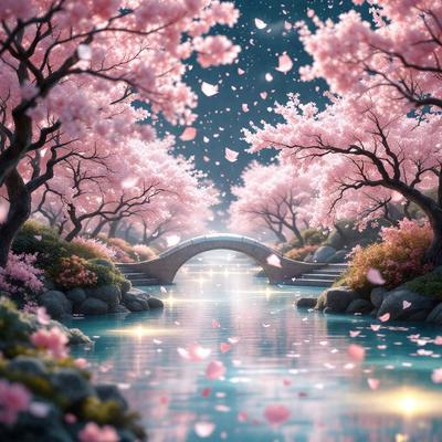 The primary subject of the image is a bridge surrounded by a beautiful landscape. The setting includes a river with a bridge crossing it, and the background features a forest filled with pink flowers. The visual style of the image is a digital art or illustration, creating a serene and picturesque scene. The dominant colors in the image are pink and blue, giving the scene a calm and peaceful atmosphere.